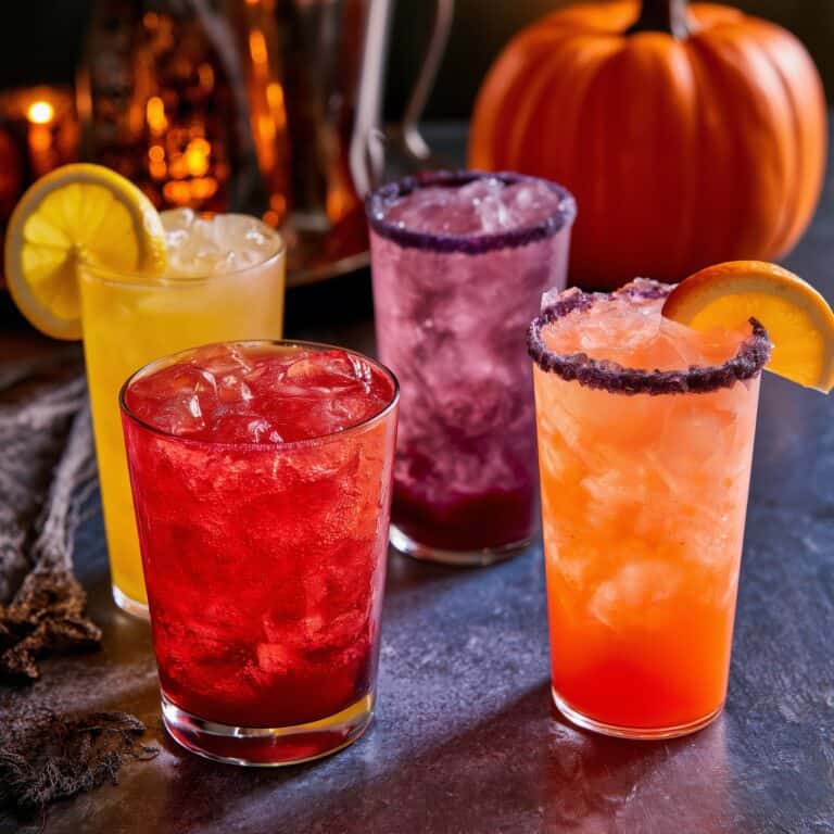 Four colorful non-alcoholic Halloween drinks in red, orange, purple, and yellow served over ice with orange and lemon slices, with pumpkins in the background.