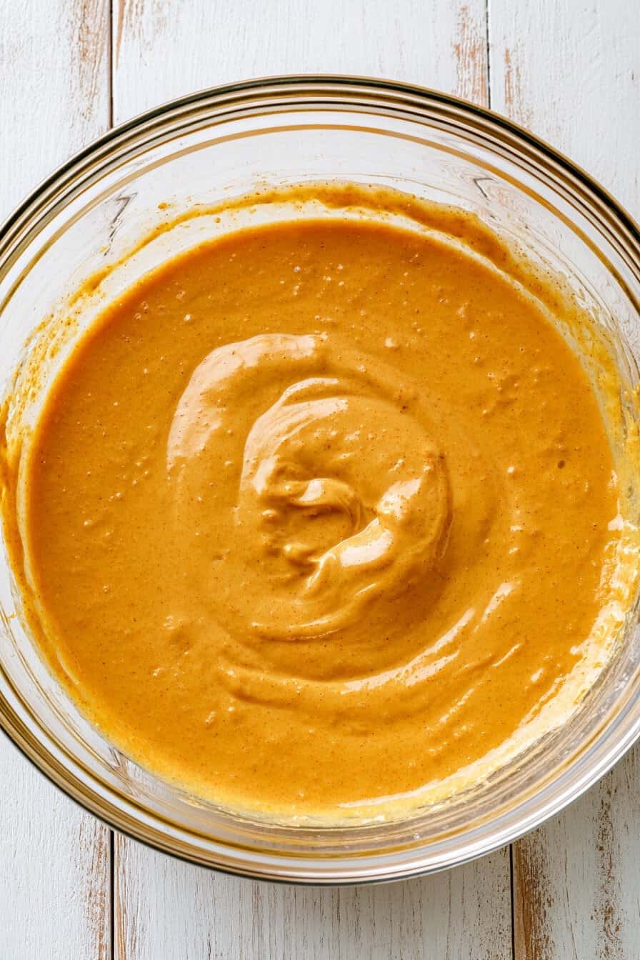Thick orange pumpkin pancake batter in a clear glass mixing bowl, with visible swirls from stirring and tiny specks of warm spices throughout the batter.