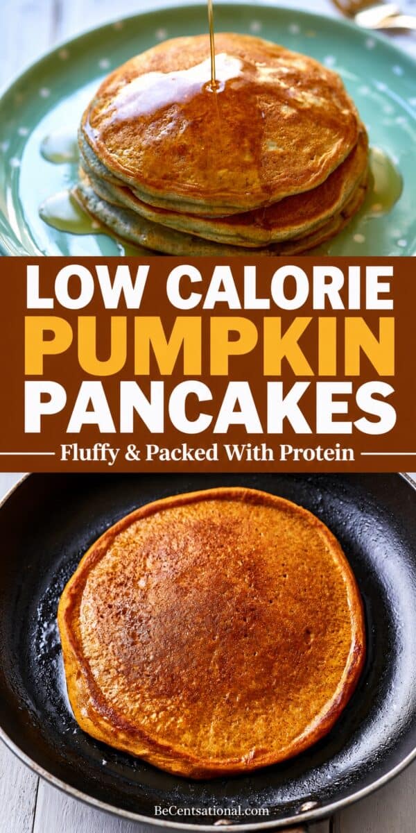 a stack of golden pumpkin pancakes drizzled with syrup above a second image of a pumpkin pancake cooking in a skillet. Bold text reads “Low Calorie Pumpkin Pancakes” with “Fluffy & Packed With Protein.”
